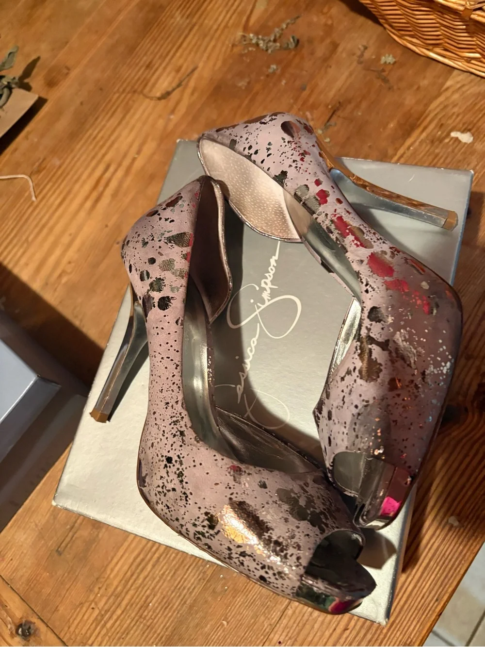 Jessica Simpson Metallic Pink Peep-Toe Heels with Black Splatter
